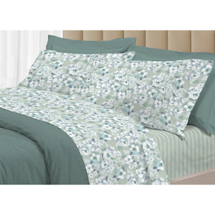 Completo Lenzuola Linea 3027 In Percalle Fantasia Floreale Disegno Indie Verde