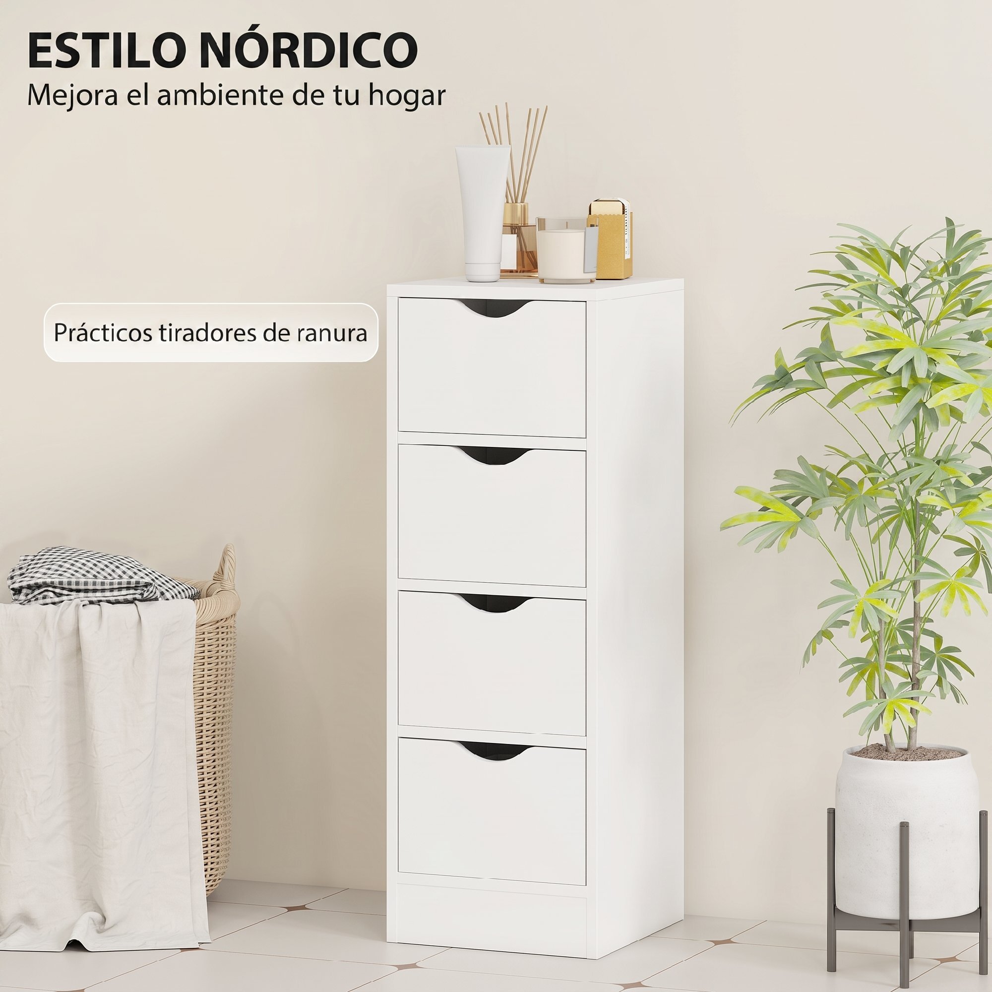 Armario de Baño Estrecho, Mueble Auxiliar de Baño con 4 Cajones y Asas Ranuradas, para Espacios Reducidos, 29x29x83 cm, Blanco
