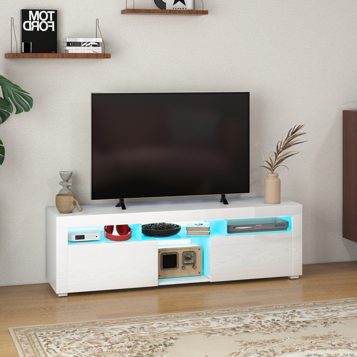 Meuble TV design LED - 55 pouces max. - 2 portes, 4 niches - dim. 150L x 38l x 45H cm - blanc laqué