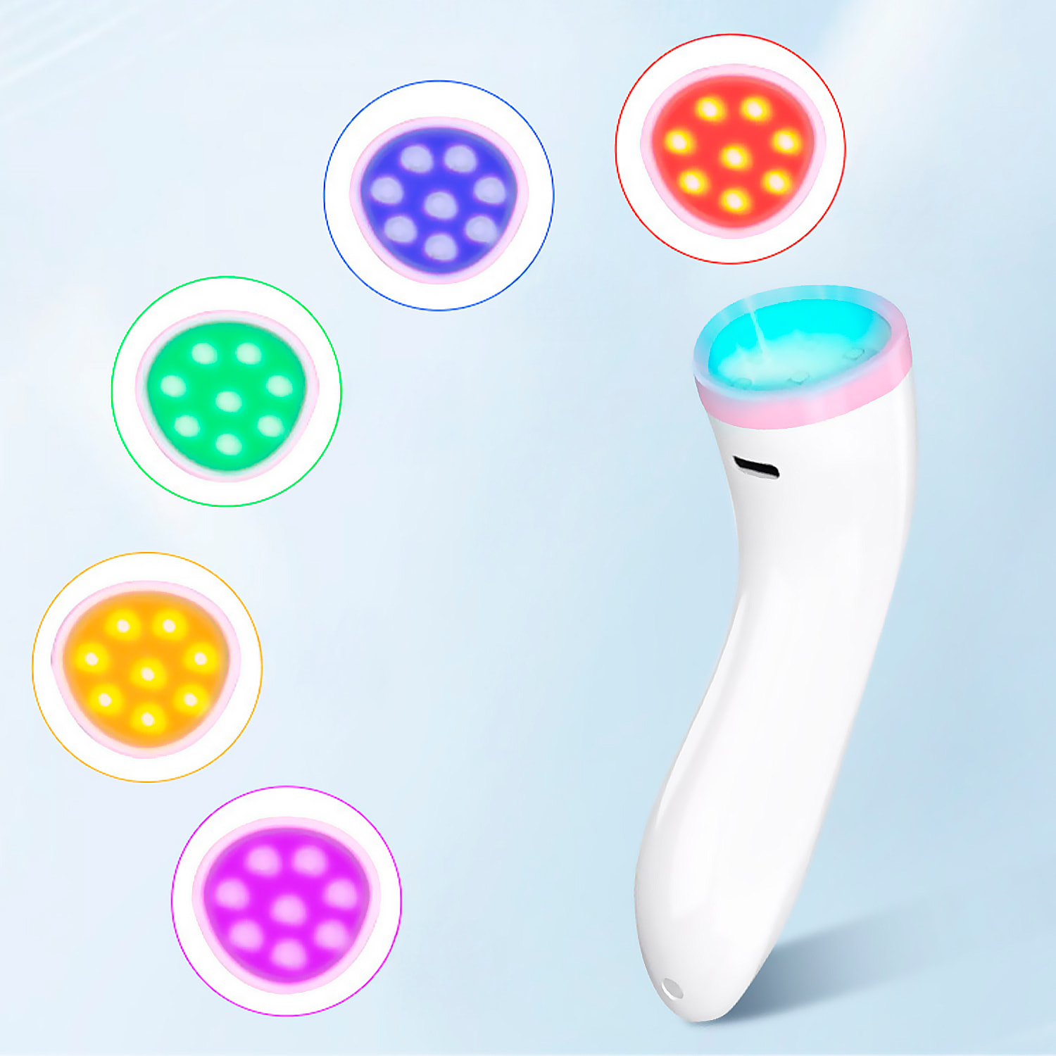 Lampada portatile per la terapia della luce con 5 tipi di luci: rossa, verde, blu, arancione e viola.