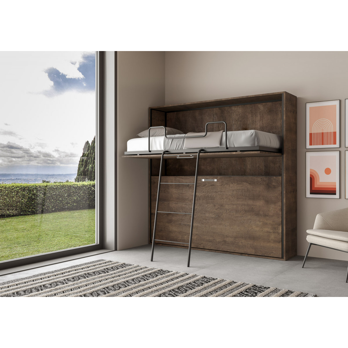 Armoire Lit escamotable horizontal superposé 2 couchages 85 KANDO Noyer avec matelas