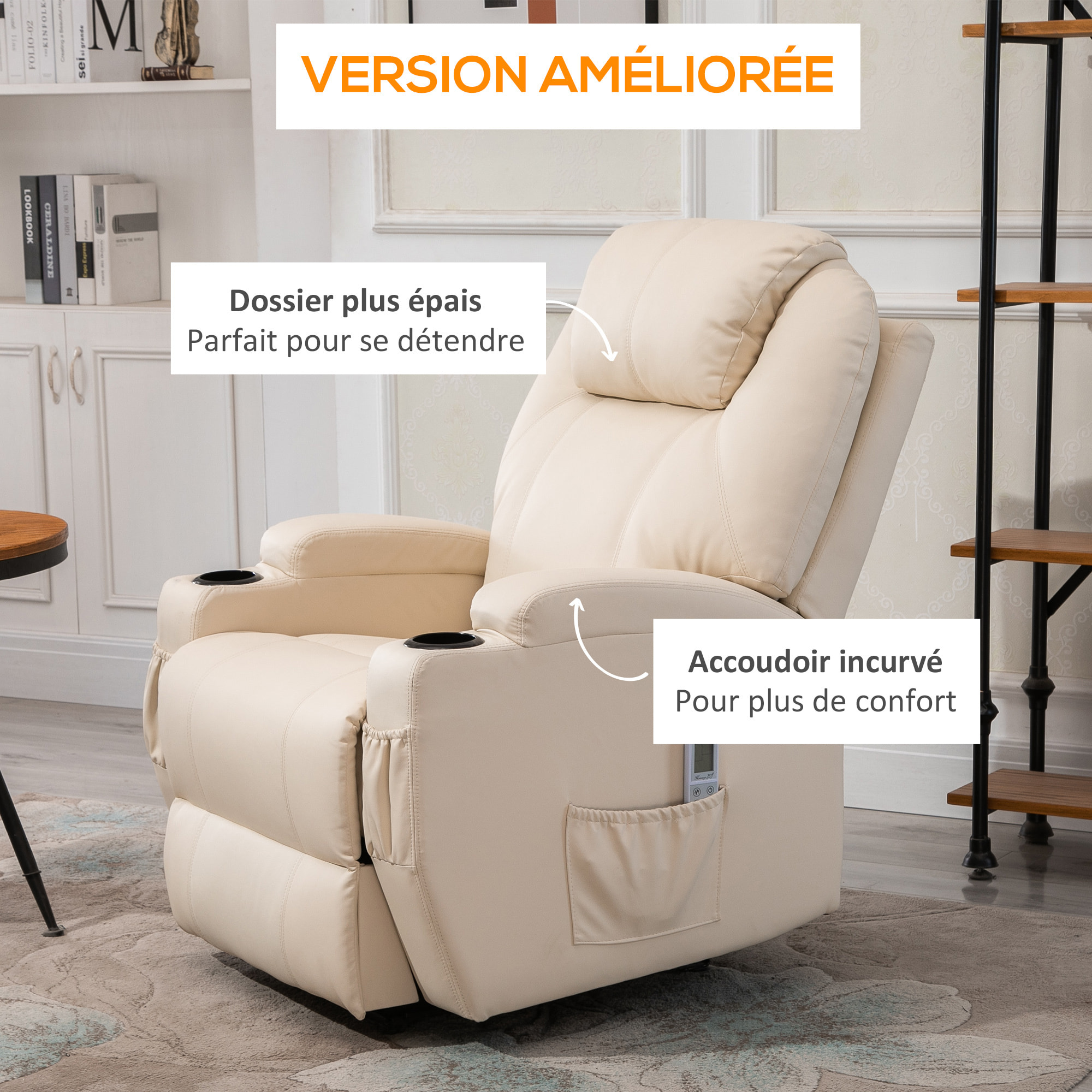 Fauteuil luxe de relaxation et massage inclinaison dossier repose-pied électrique revêtement synthétique crème