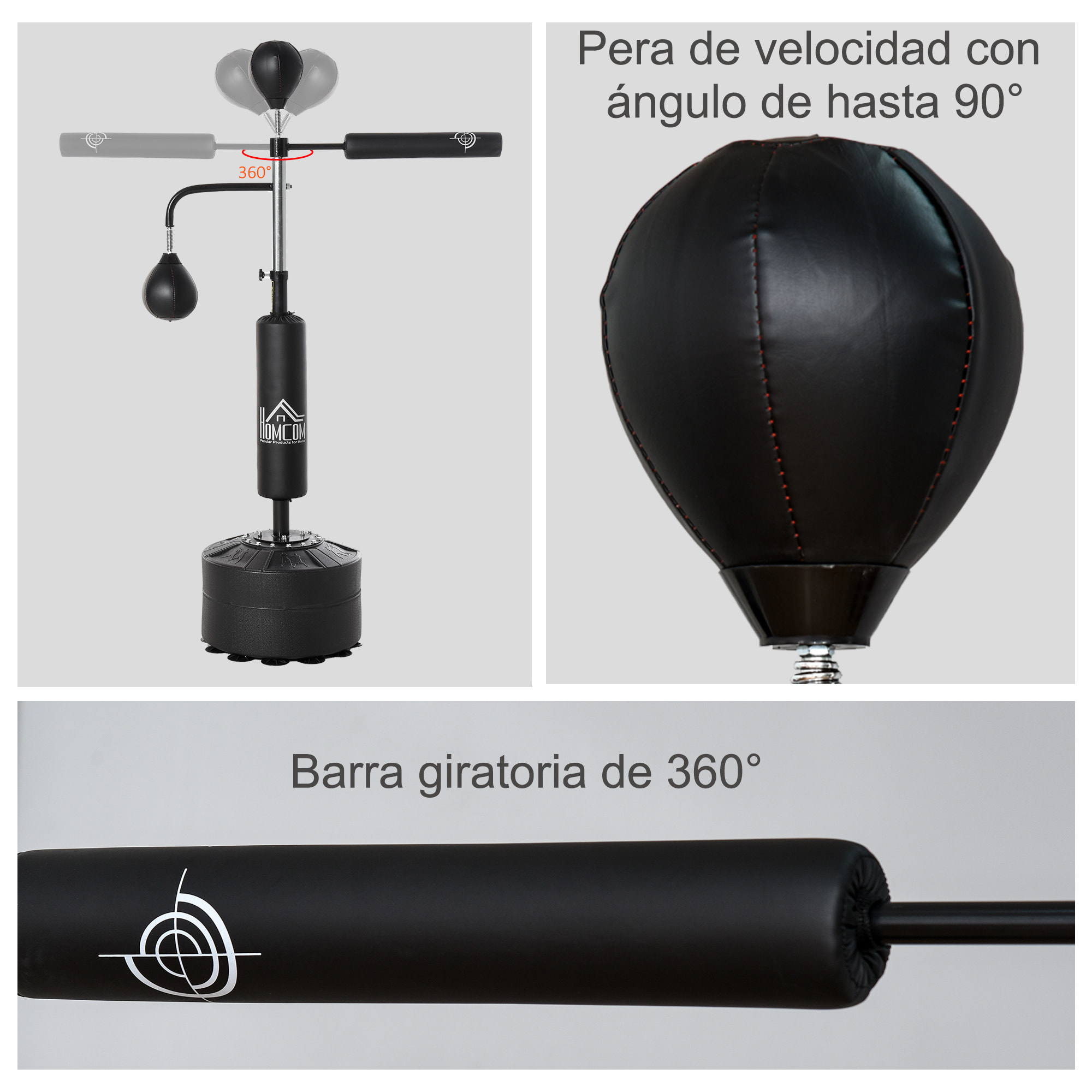 Saco de Boxeo de Pie Ajustable en Altura con 2 Bolas de Velocidad Barra y Base Rellenable Agua o Arena Punching Ball para Adultos 88x50x160-230 cm Negro