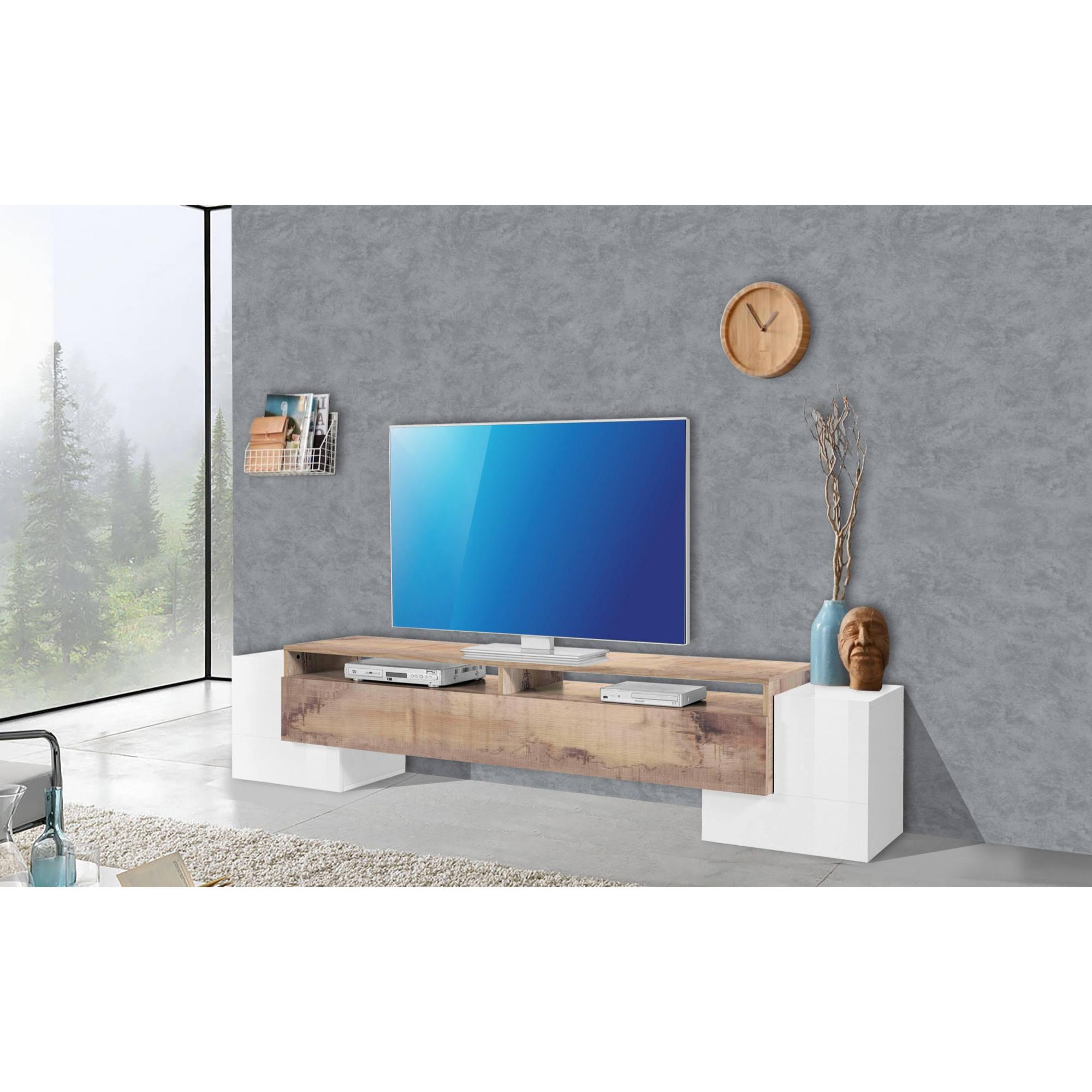 Mobile da soggiorno Porta TV, Made in Italy, Supporto per TV da salotto a 3 ante e ripiani, cm 210x45h45, colore Bianco lucido e Acero