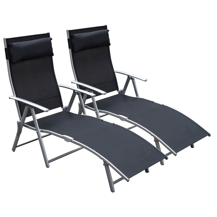 Conjunto de 2 Tumbonas Plegables Tumbonas de Jardín con Respaldo Ajustable Almohada y Reposabrazos Carga 165 kg para Piscina Terraza Camping 137x63,5x100,5 cm Negro