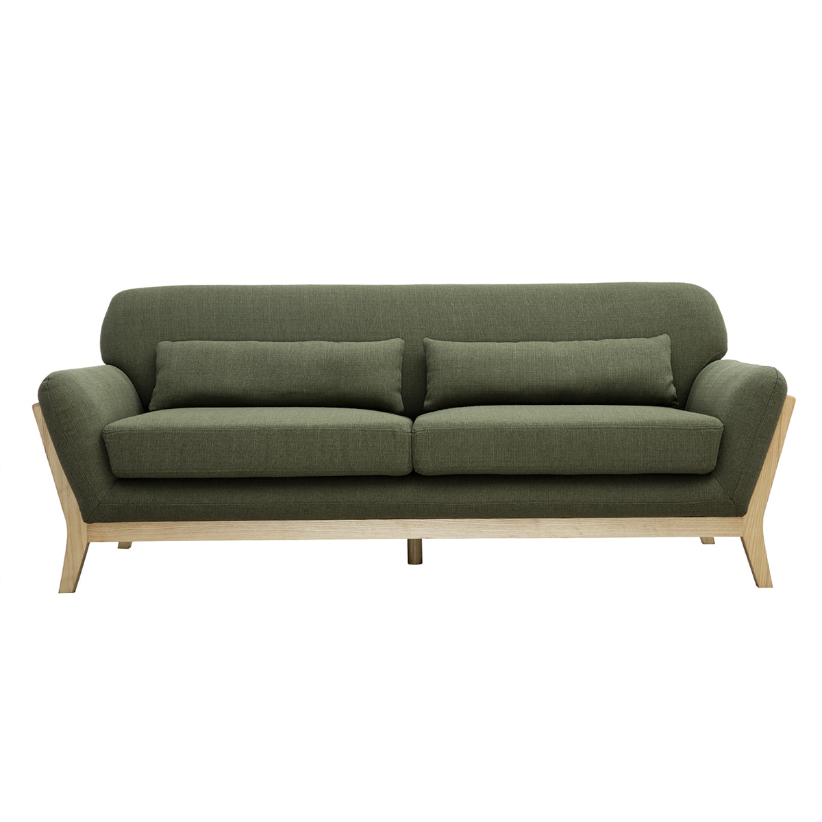 Canapé scandinave 3 places en tissu vert kaki et bois clair YOKO