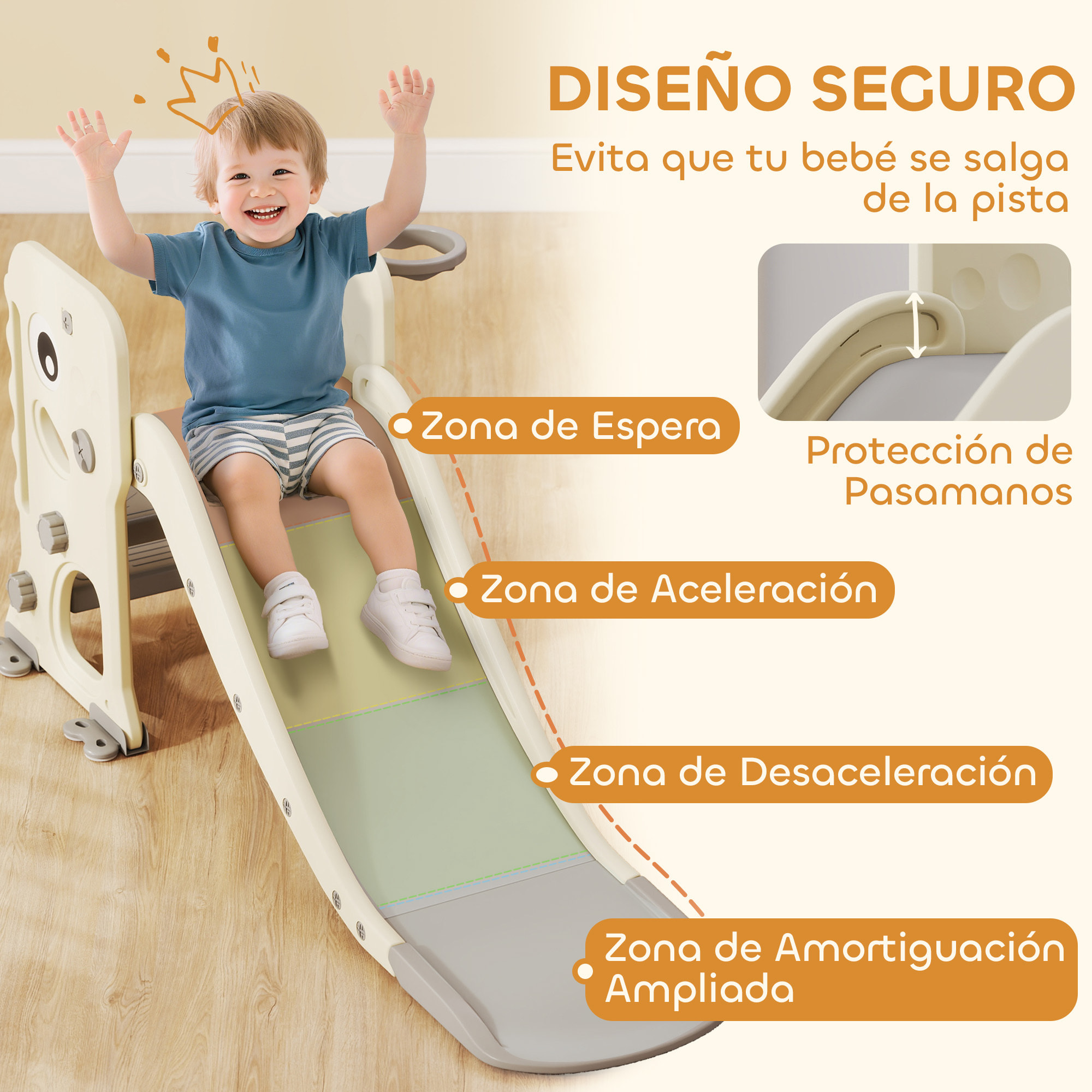 Tobogán Infantil 3 en 1 Tobogán para Niños de 2 a 5 Años Plegable con Escalera Canasta de Baloncesto Diseño de Dinosaurio y Hebillas Reforzadas para Interior 146x52x65 cm Blanco Crema