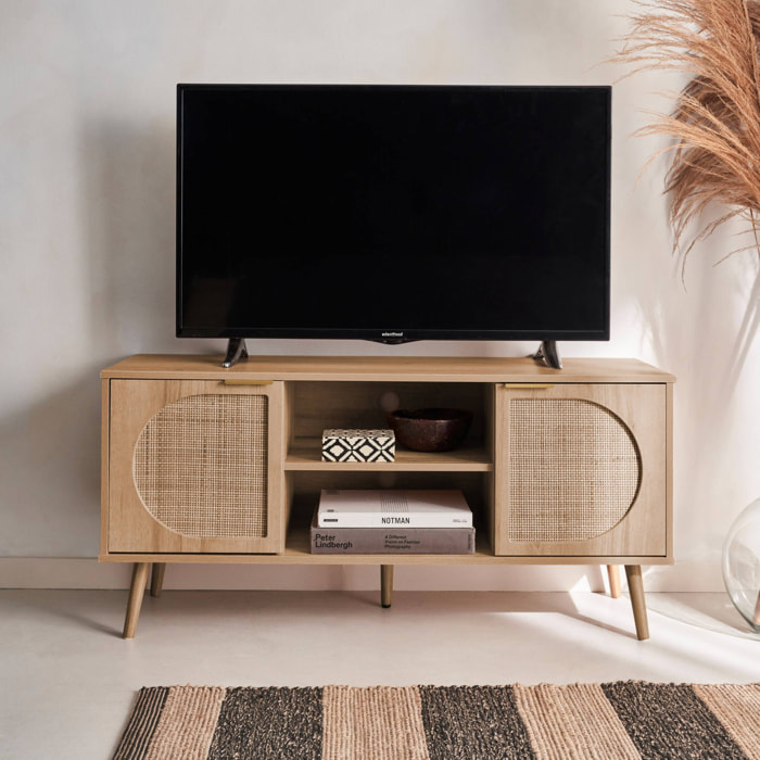Meuble TV. Eva. décor bois et cannage arrondi 2 portes. 1 étagère L120 x l39 x H56.5cm