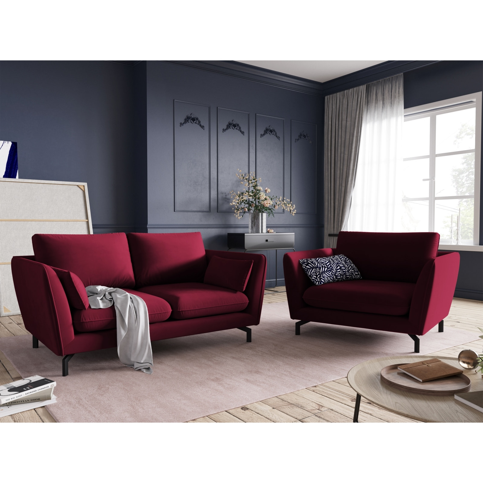 Fauteuil xl "Podium" en velours rouge foncé