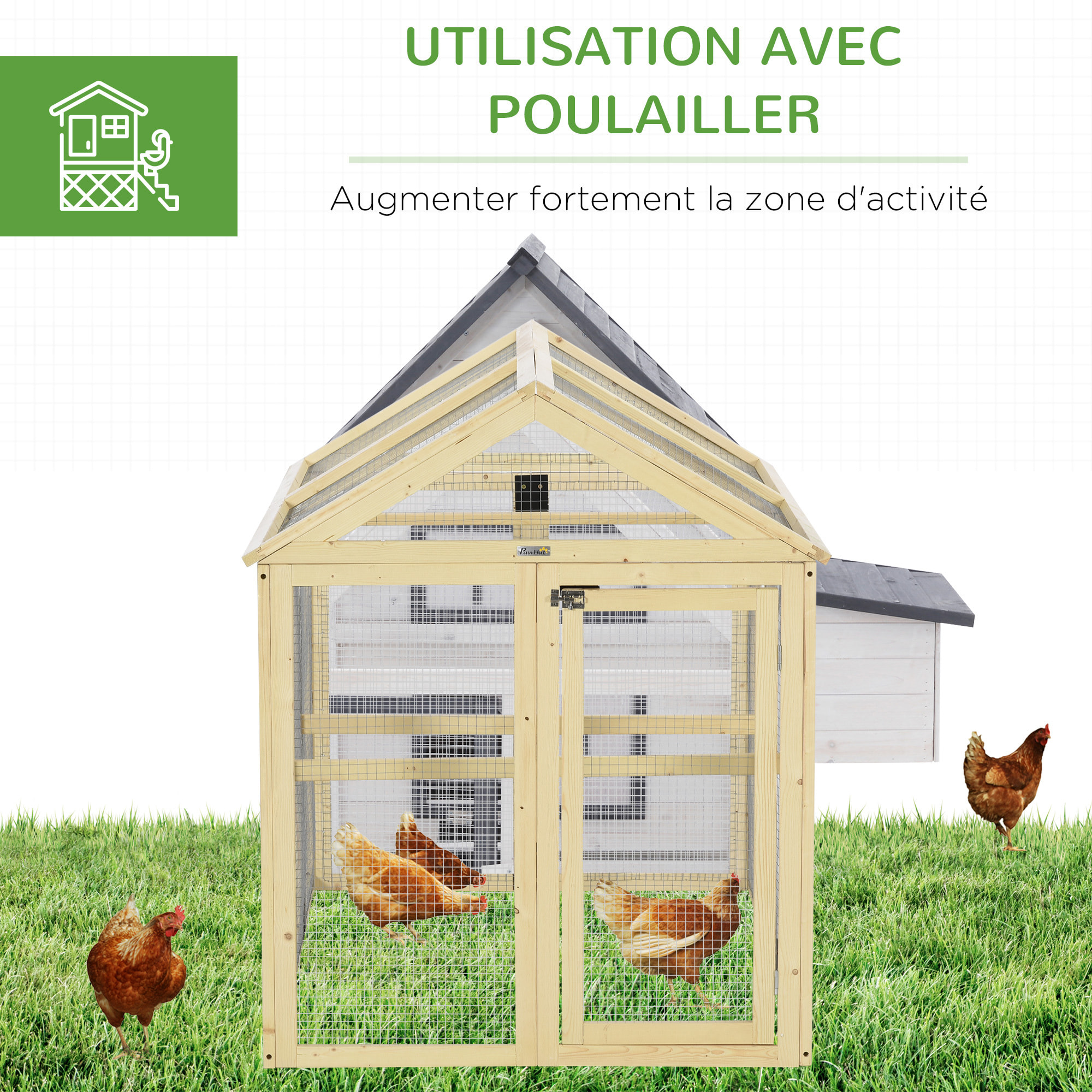 Enclos poulailler chenil 1,23 m² - parc grillagé dim 140L x 88,5l x 106H cm - 2 portes verrouillables - bois sapin