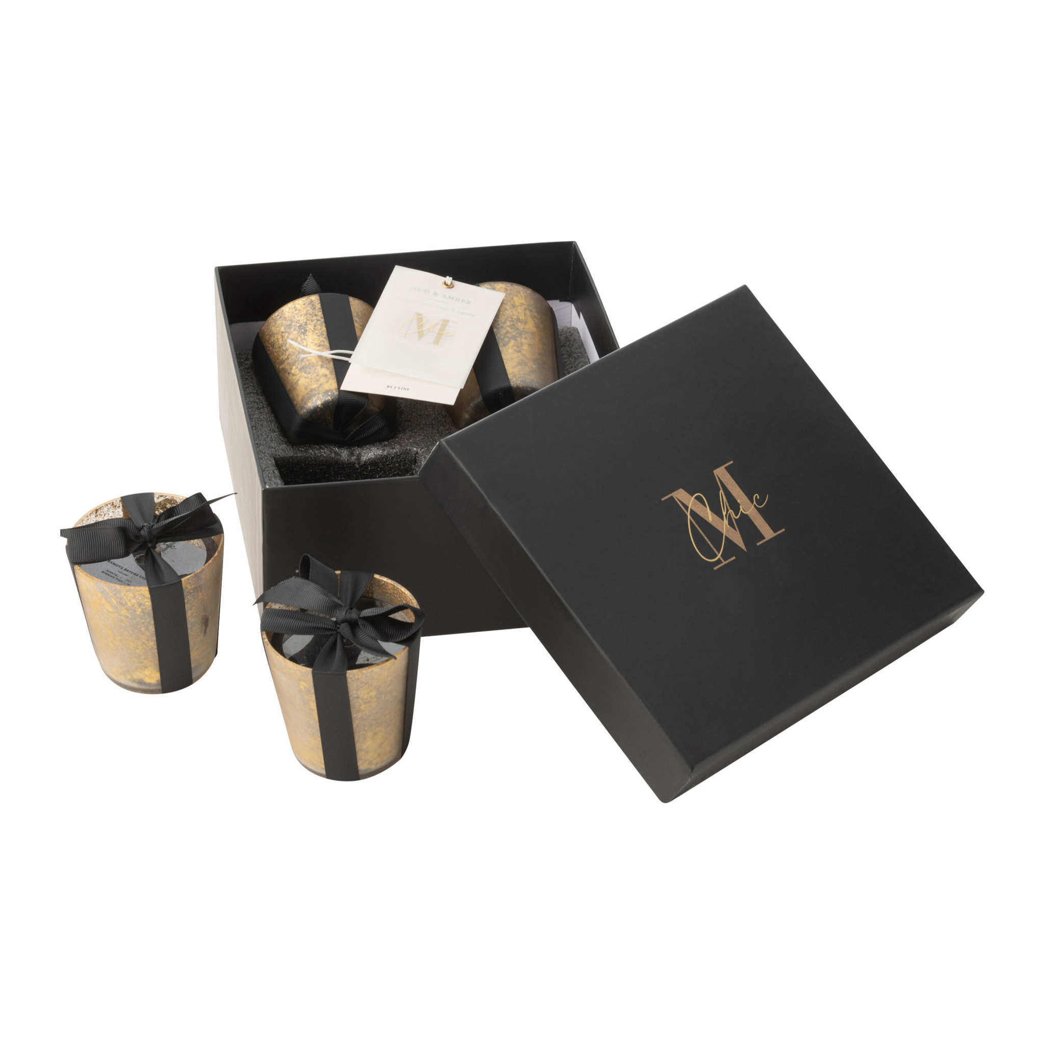 J-Line bougie parfumée M-Chic - Oud & Amber - verre - or/noir - 20H - boîte de 4