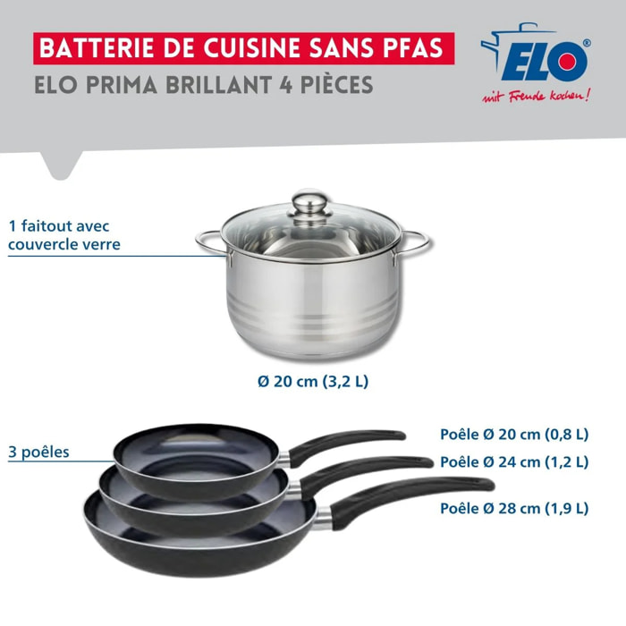 Ensemble de 3 Poêles de cuisson 20, 24 et 28 cm et 1 faitout 20 cm Elo Prima Brillant