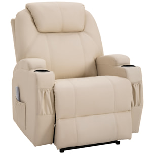 Fauteuil luxe de relaxation et massage inclinaison dossier repose-pied électrique revêtement synthétique crème