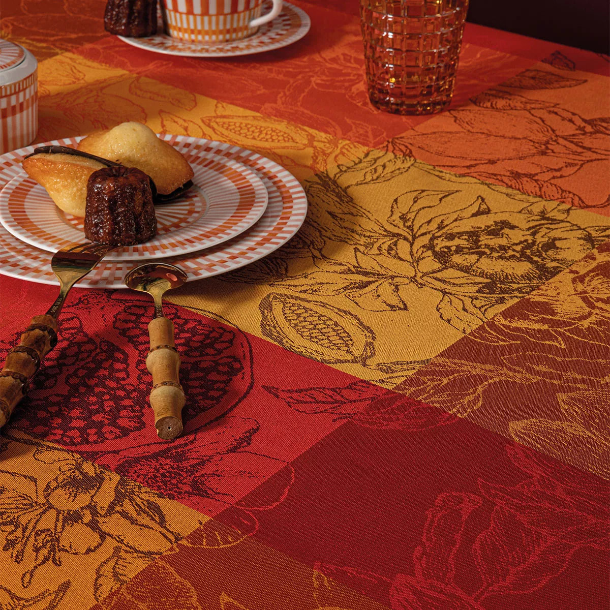 Set pur coton motif jacquard orange rouge Mille senteurs epices