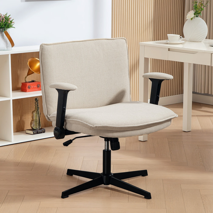 Silla de Oficina Piernas Cruzadas, Silla de Escritorio con Reposabrazos Abatible, Asiento Ancho, sin Ruedas, Altura Ajustable, Giratoria, Función Basculante, Tapizada en Lino, Crema