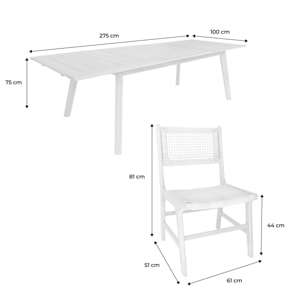 Table de jardin extensible bois d'acacia + 8 assises Palena + Ocara 200/275 x 100 x 75 cm naturel