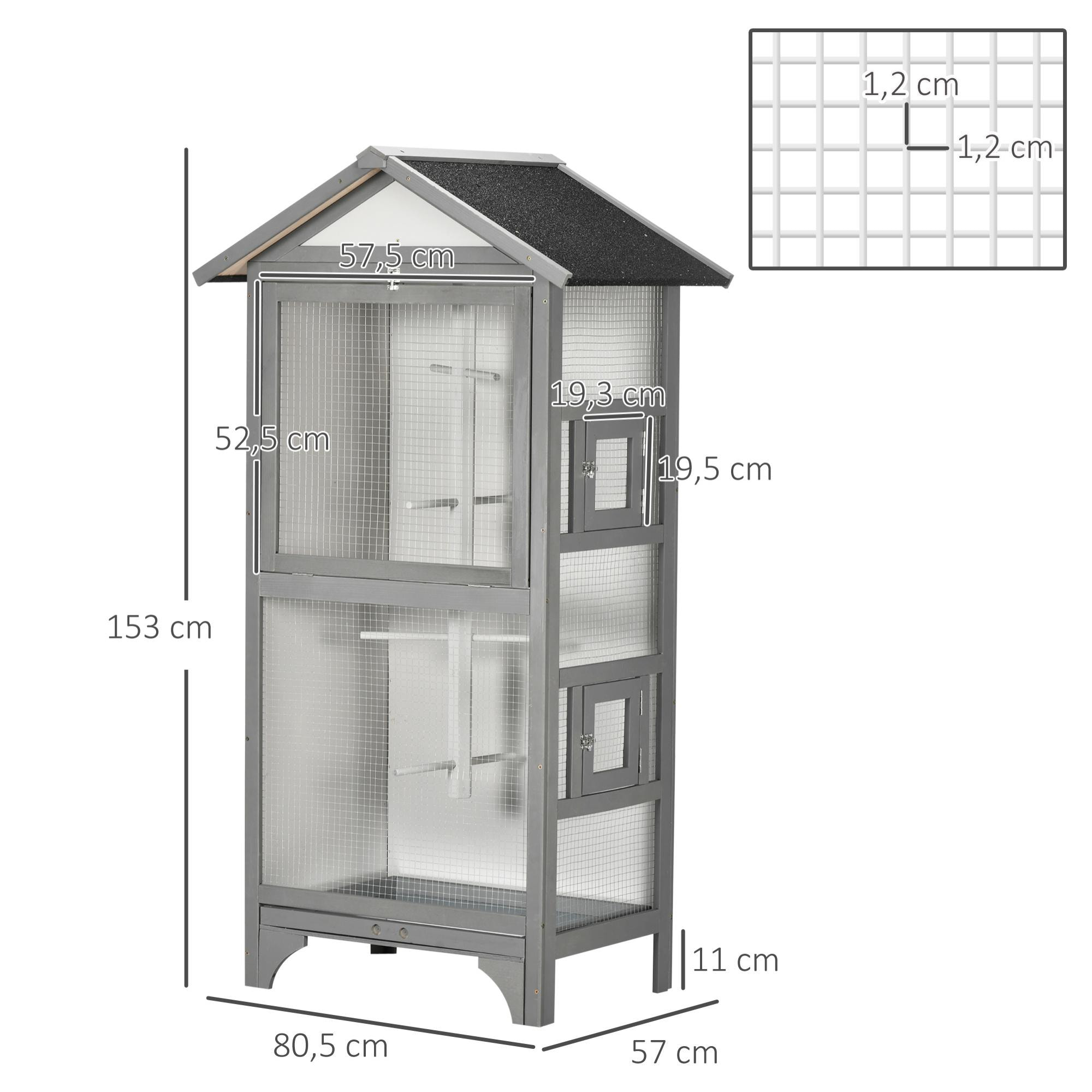 Jaula para Pájaros Pajarera de Madera con 3 Puertas 4 Perchas Bandeja Extraíble y Techo Asfáltico 80,5x57x153 cm Gris Claro