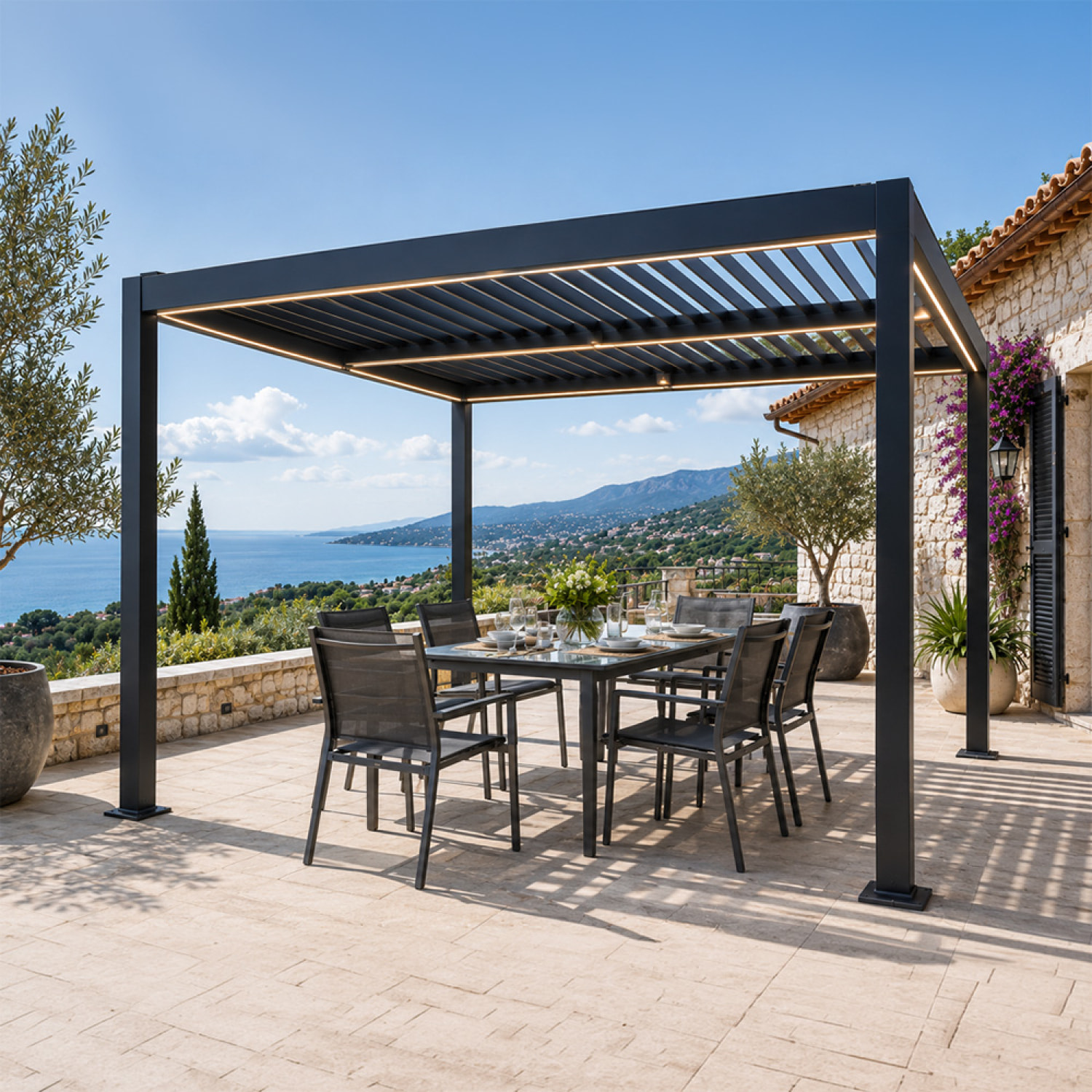 Pergola bioclimatique à LED 3x3m structure aluminium lames orientables MILL