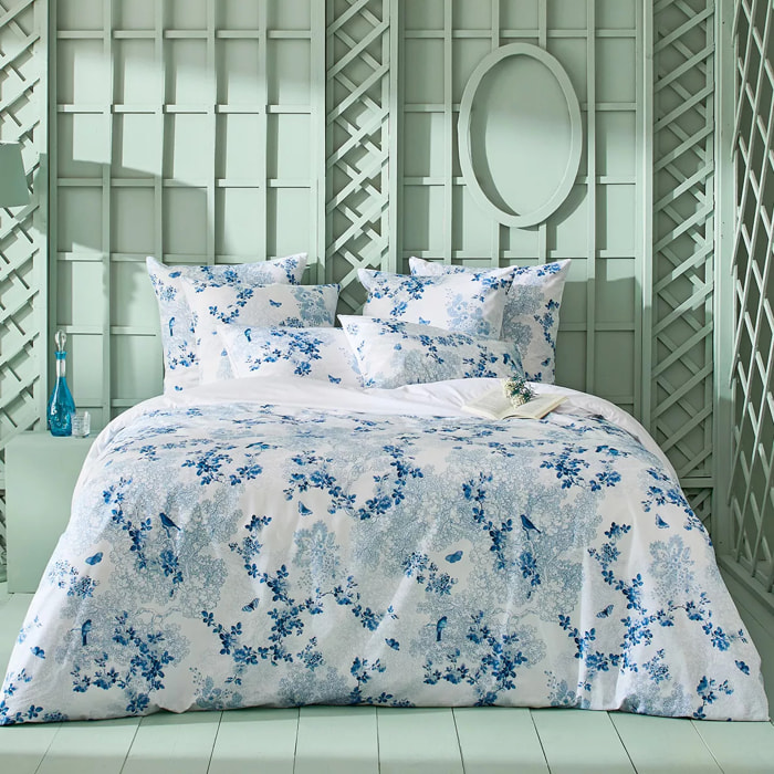 Housse de couette percale de coton 115 g/m² imprimé blanc bleu Voliere bleu