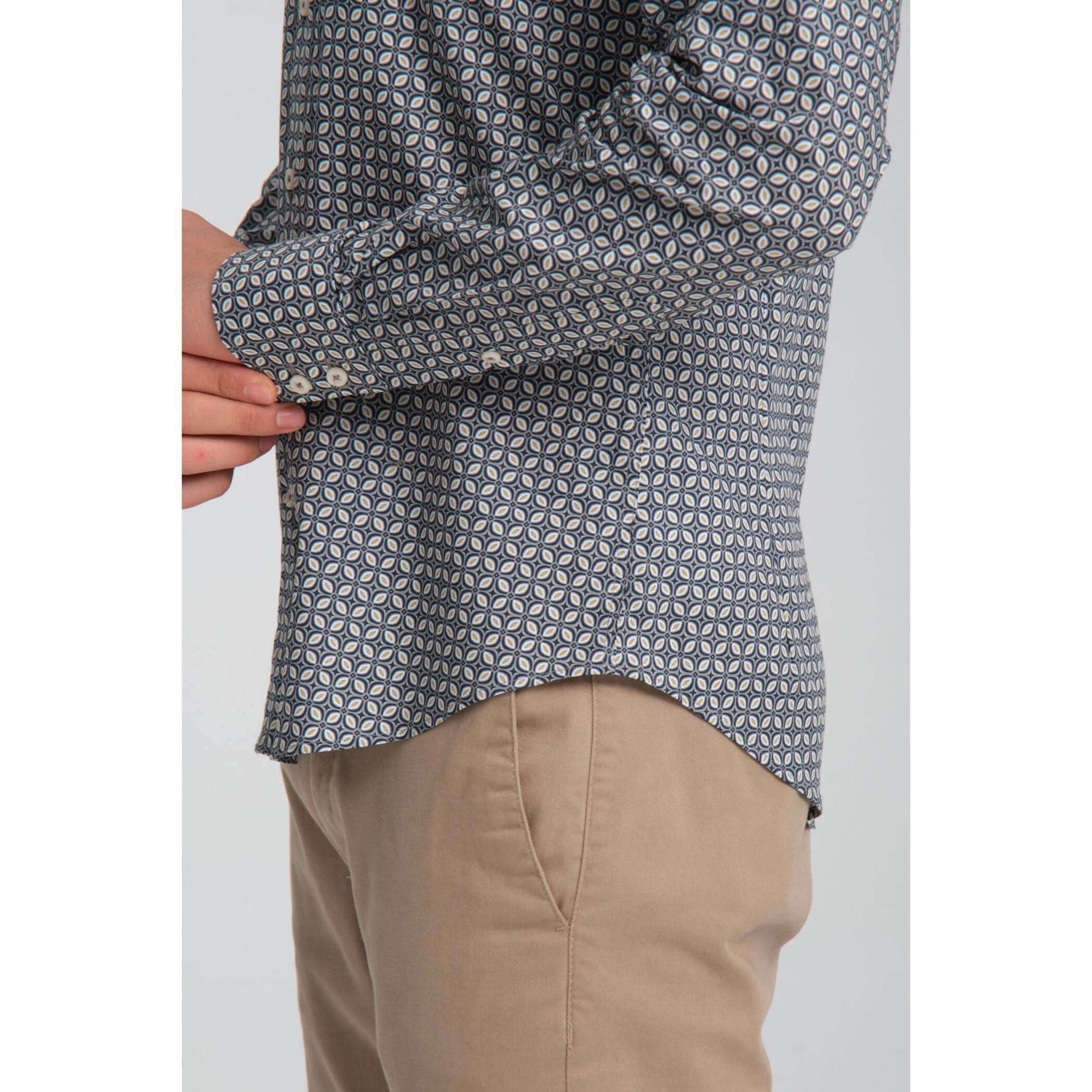 Camicia Uomo 2 Bottoni Button Down Slim Popeline Stretch Stampato Grigio Medio/Blu