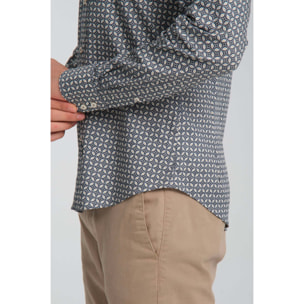 Camicia Uomo 2 Bottoni Button Down Slim Popeline Stretch Stampato Grigio Medio/Blu