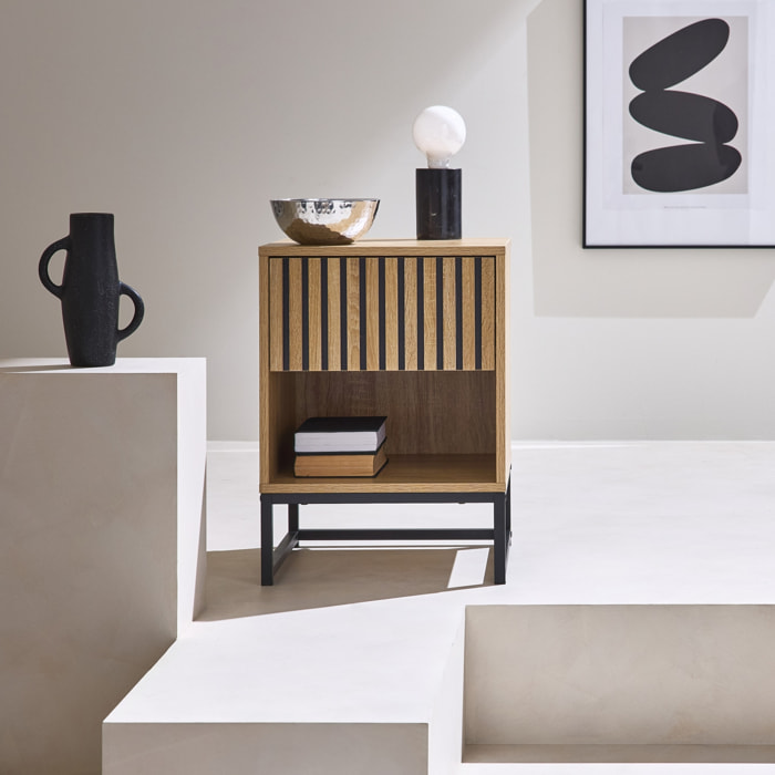 Table de chevet contemporaine décor bois rainuré 1 tiroir LISBONNE