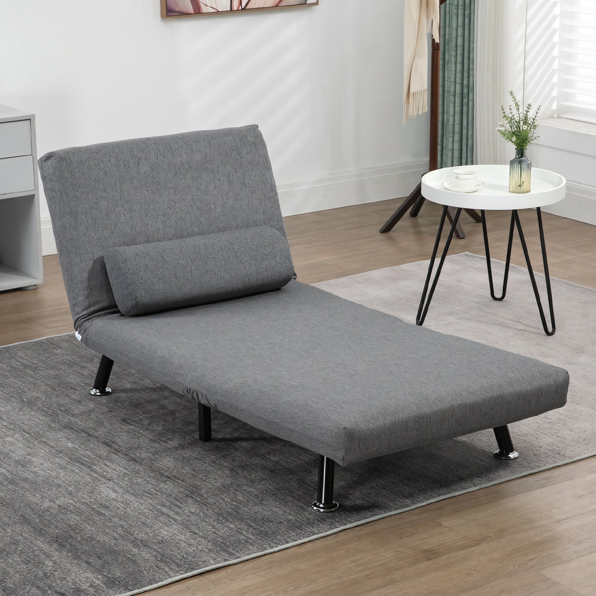 Sofá Cama de 1 Plaza 3 en 1 Sofá Cama Plegable Tapizado en Lino con Respaldo Ajustable de 5 Niveles y Almohada Acolchada para Oficina Dormitorio Salón 75x70x75 cm Gris Oscuro