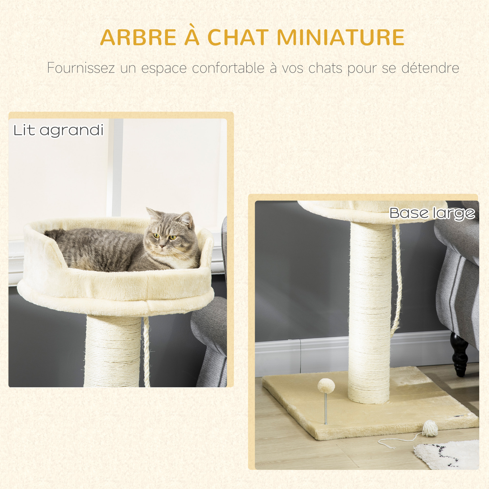 Arbre à chat griffoir grattoir sisal naturel plateforme d'observation corde d'escalade boule à ressort peluche beige