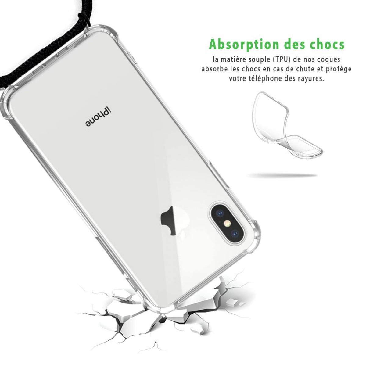 Coque compatible iPhone X/Xs anti-choc silicone transparente avec cordon Noir