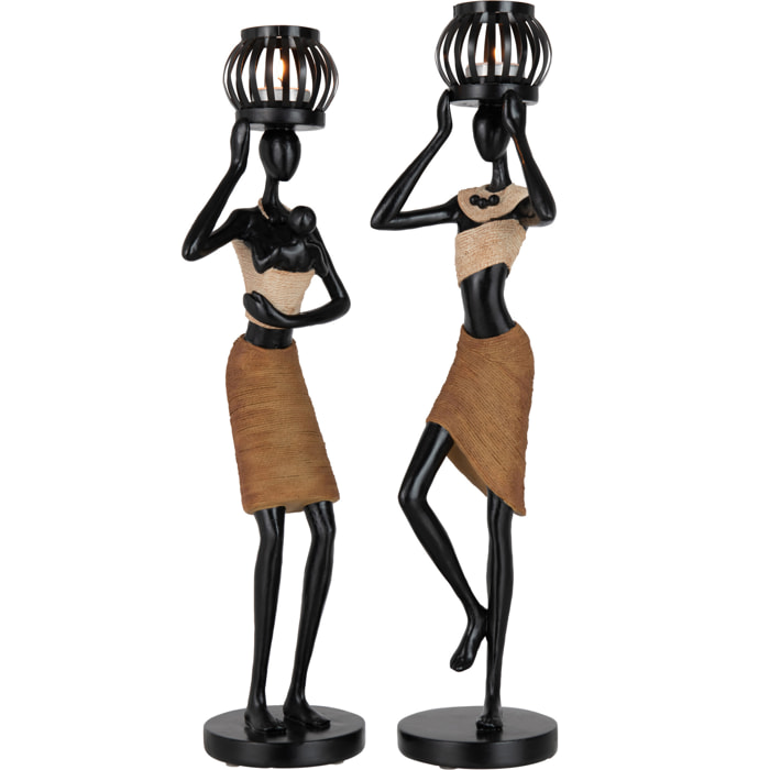 J-Line bougeoir sur Tête Figurine Ethnique  - polyrésine - marron - 2 pcs