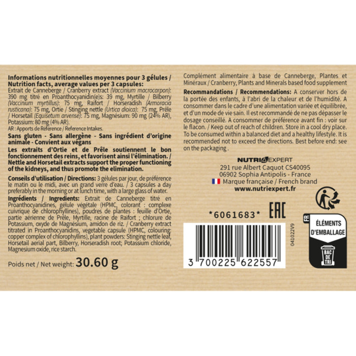 NUTRI EXPERT - Cranberry Complex - Favorise l'Élimination Rénale - Confort urinaire - Canneberge + Myrtille + Ortie + Prêle - Vegan - Lot de 3 produits