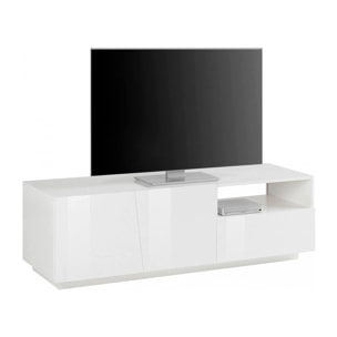 Mobile da soggiorno Porta TV, Made in Italy, Supporto per TV da salotto a 2 ante e 1 cassetto, cm 150x43h46, colore Bianco lucido