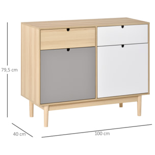 Buffet design scandinave 2 placards tiroirs coulissants MDF multicolore blanc gris bois clair