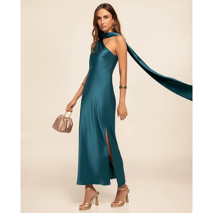 Vestido midi satinado con escote asimétrico y lazada