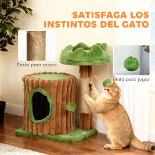 Árbol Rascador para Gatos, Árbol para Gatos 53 cm, Diseño de Tronco, Torre Escalador con Casita, Cama, Poste de Yute, Bolas Colgantes, Marrón y Verde