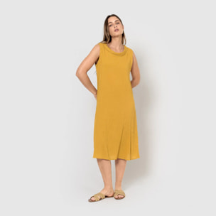 Vestido midi cuello drapeado algodón lino ocre