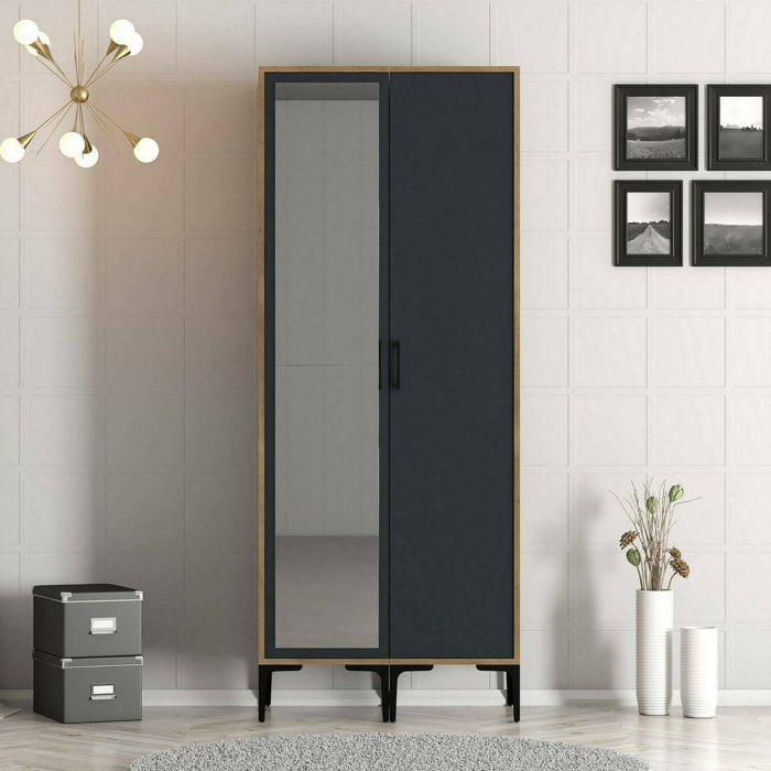 Guardaroba 2 ante Anfo, Mobile camera da letto, Cabina armadio portabiti, Armadio appendiabiti, 80x201h48 cm, Noce e Antracite