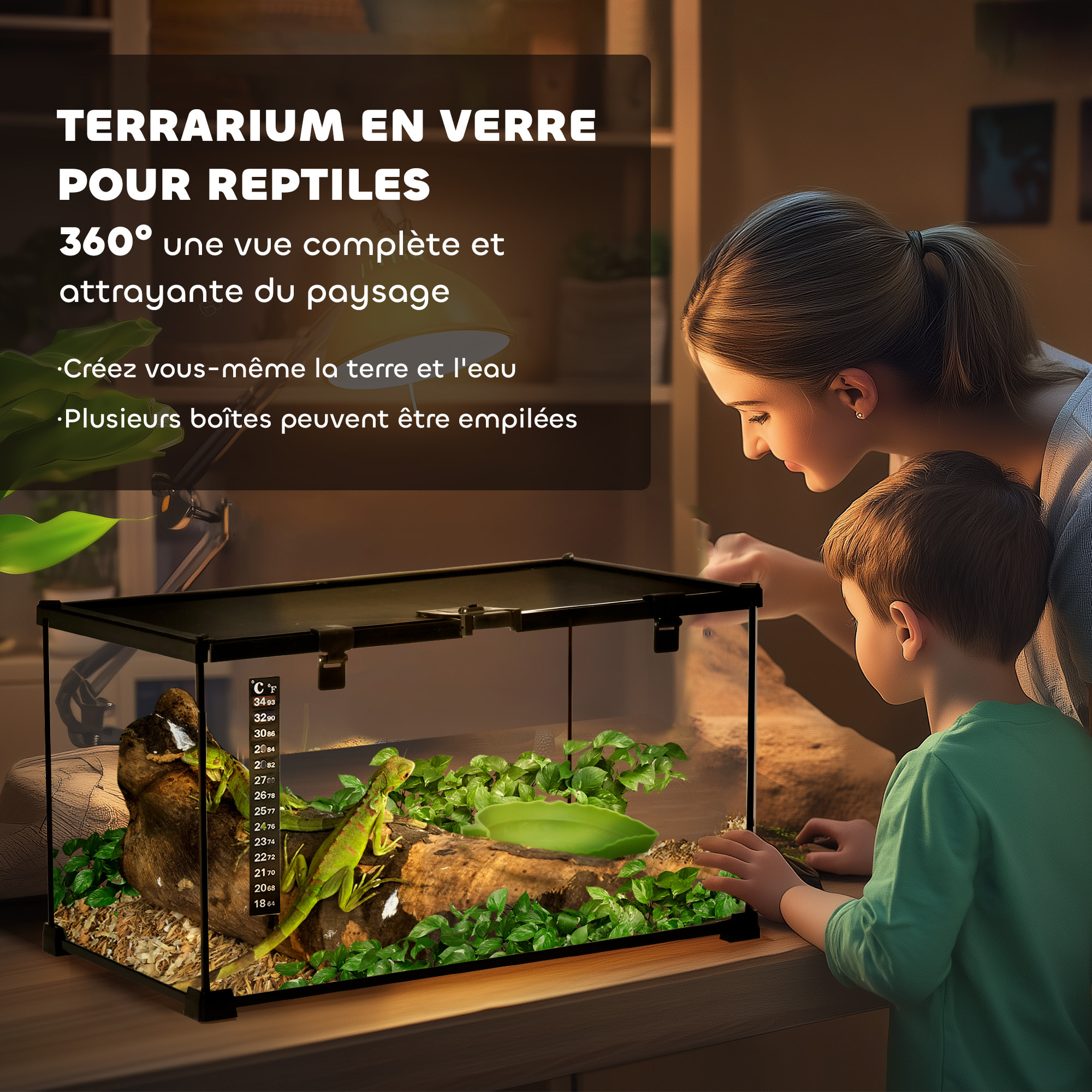 Terrarium en verre - vivarium reptiles & batraciens - habitat tortue - couvercle grillagé coulissant verrouillable - distributeur eau, thermomètre inclus - métal noir verre