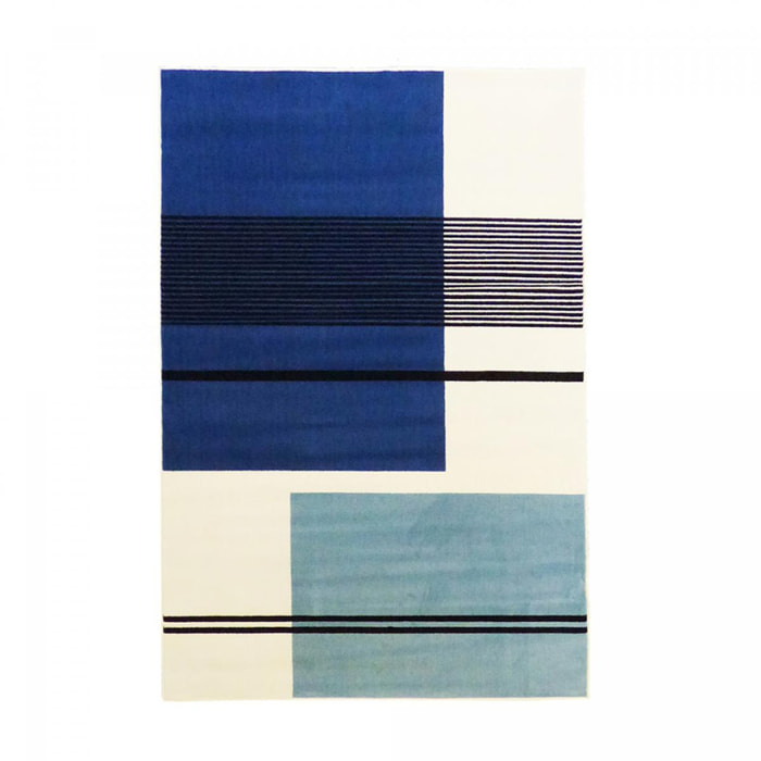 Tapis contemporain Fehu motif seventies géométrique bleu beige et noir