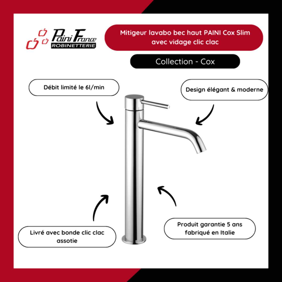 Mitigeur lavabo bec haut PAINI Cox Slim chromé avec vidage clic-clac