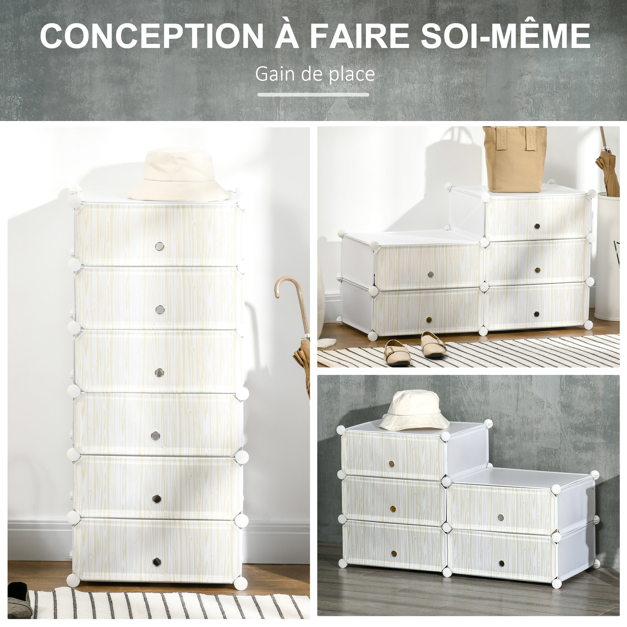 Meuble de rangement à chaussures modulable 6 casiers rectangulaires empilables blanc effet bois