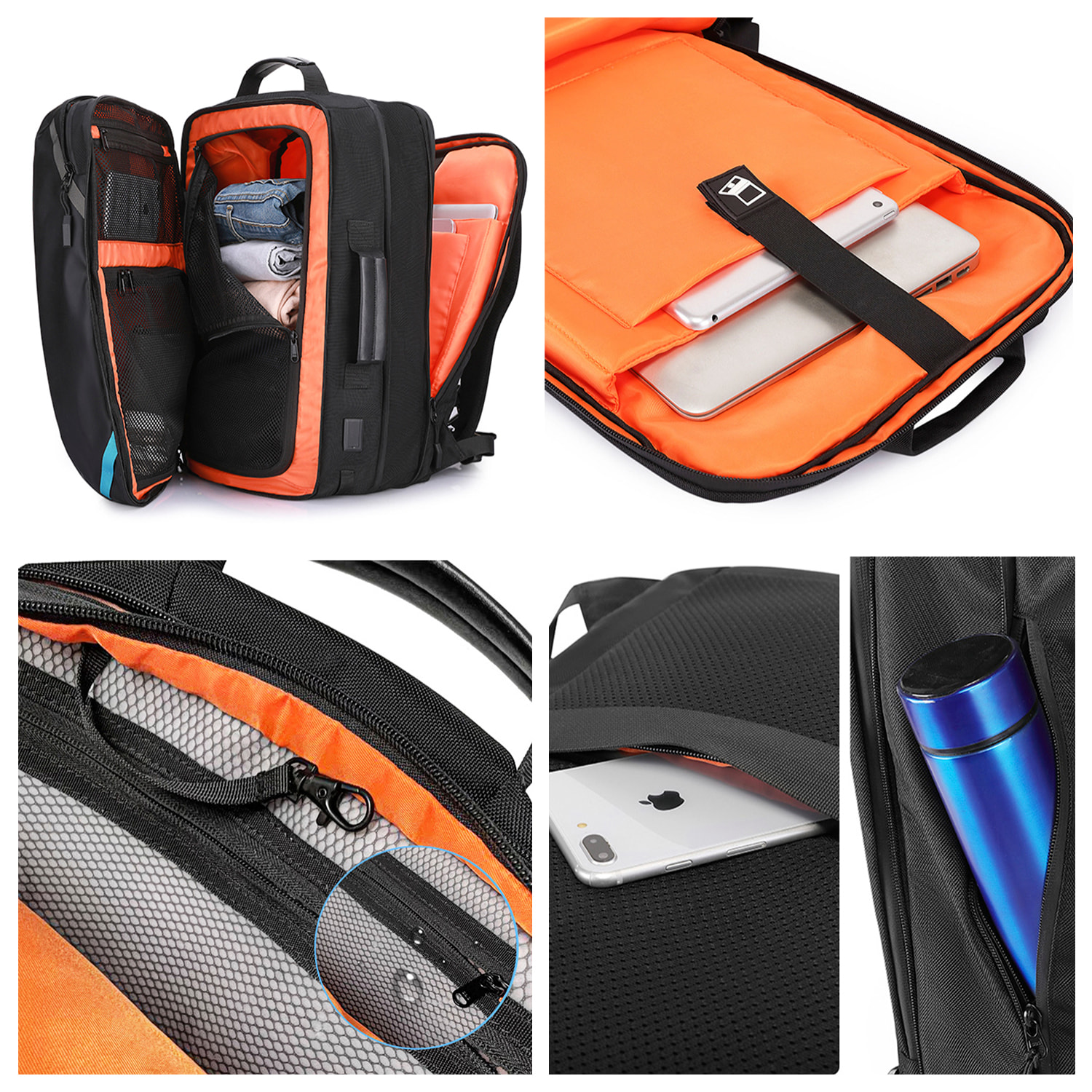 Mochila expandible 30L/45L multi compartimento con capa impermeable. Toma exterior USB. Laptop 17" + Tablet 9,7".