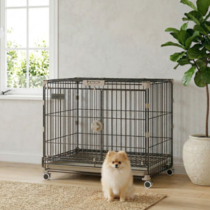 Cage pour Chien Pliable, Plateau Amovible, Roues avec Freins, Toit Ouvrant Verrouillable, Porte de Nourrissage, Niche Chien Interieur pour Petits et Moyens Chiens, 60,5x45,5x54,5cm, Noir