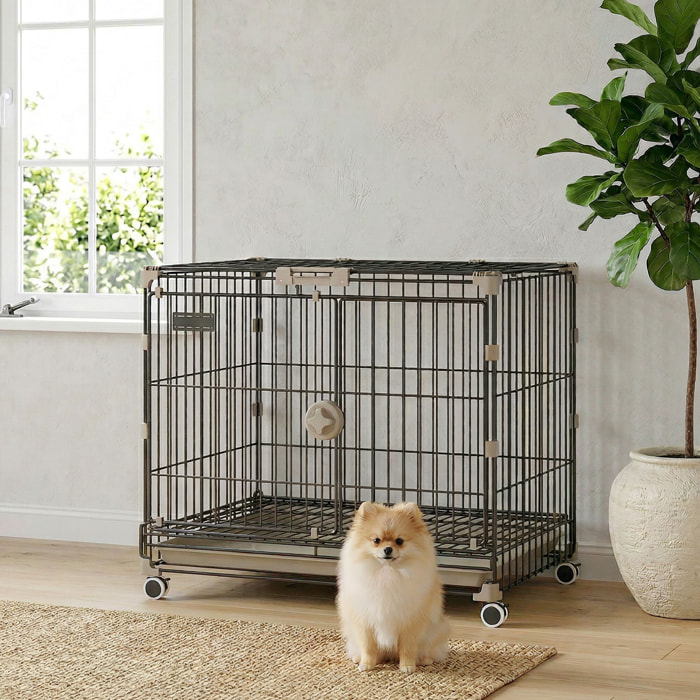 Cage pour Chien Pliable, Plateau Amovible, Roues avec Freins, Toit Ouvrant Verrouillable, Porte de Nourrissage, Niche Chien Interieur pour Petits et Moyens Chiens, 60,5x45,5x54,5cm, Noir