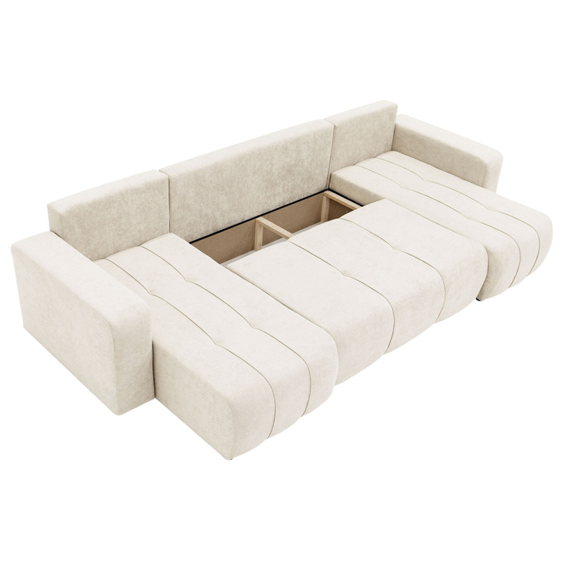 Nicole - Canapé panoramique en U 7 places convertible avec coffre en tissu - Beige