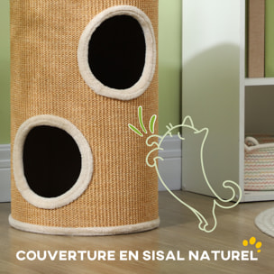 Arbre à chat cylindrique - tour à griffer pour chat - tonneau griffoir - 2 niches + plateforme - sisal peluche beige