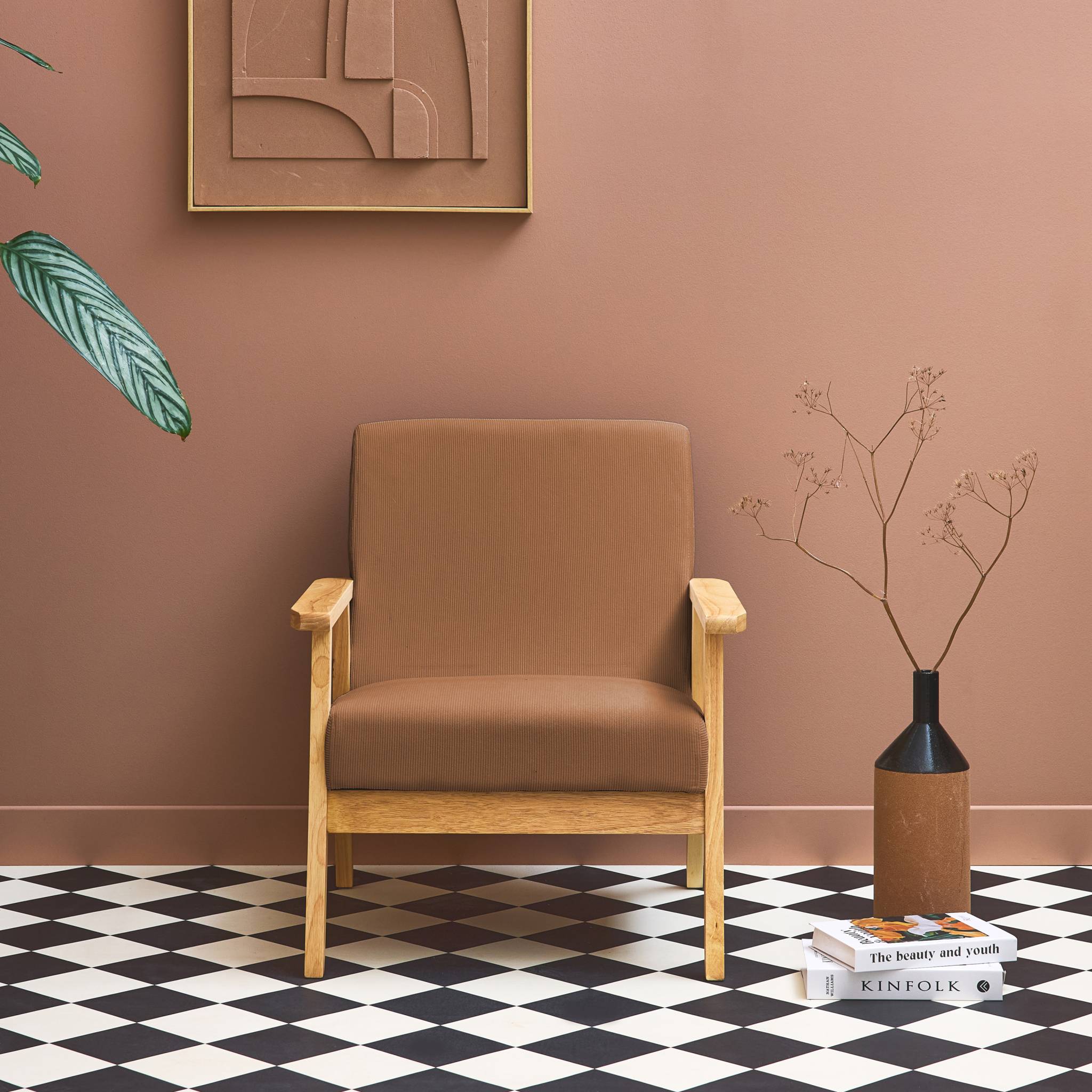 Fauteuil scandinave bois de peuplier, d'hévéa et velours côtelé ISAK