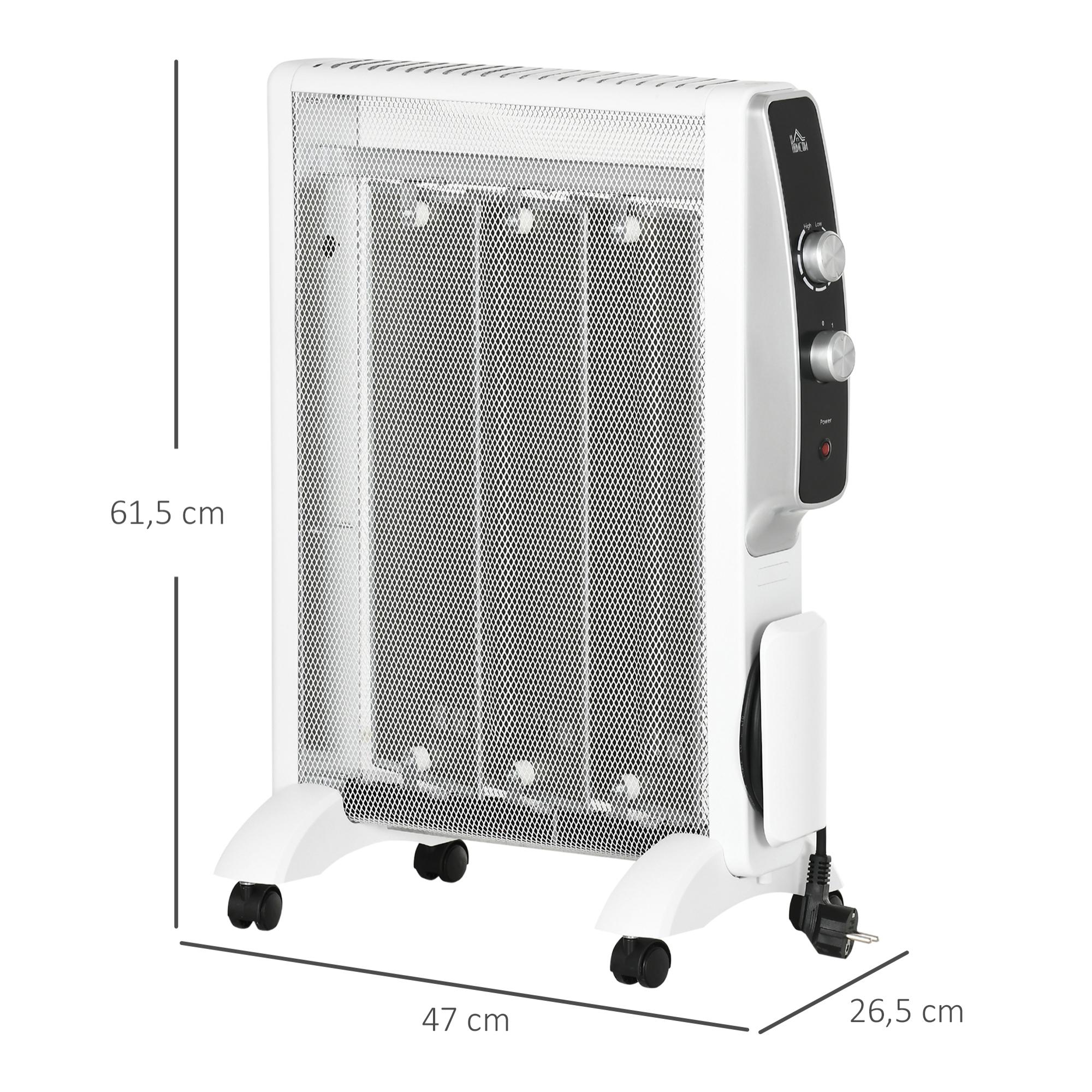 HOMCOM Calefactor Eléctrico 750W/1500W Radiador de Mica con 2 Niveles de Potencia Termostato Regulable y 4 Ruedas para Sala de 15-18 m² Silencioso 47x26,5x61,5 cm Blanco