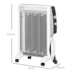 HOMCOM Calefactor Eléctrico 750W/1500W Radiador de Mica con 2 Niveles de Potencia Termostato Regulable y 4 Ruedas para Sala de 15-18 m² Silencioso 47x26,5x61,5 cm Blanco