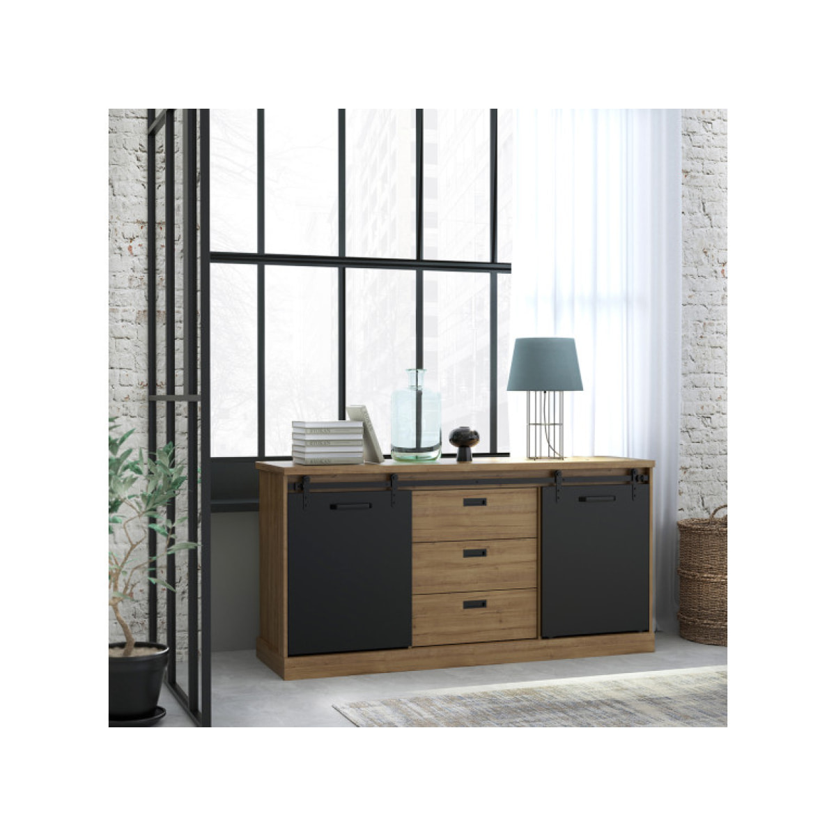 Buffet bas en bois effet chêne & noir L174cm - FACTORY